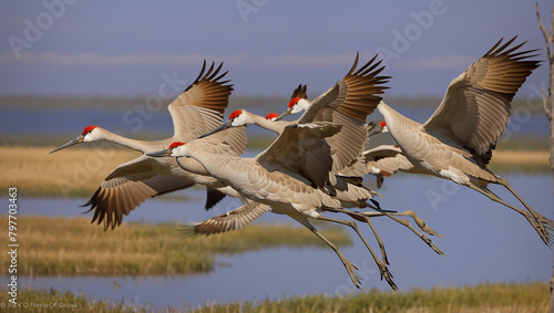 A group of six sandhill cranes are flying over a marsh photo