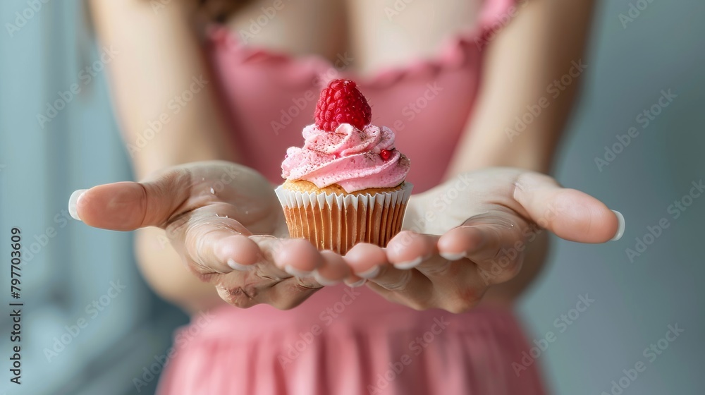 Woman resisting temptation, refusing to eat cupcake as part of weight loss diet concept