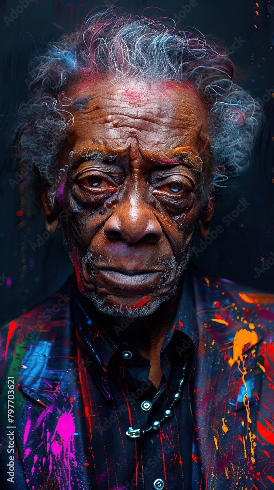 An elderly black man with white hair and a beard, wearing a black suit and tie, with paint splattered all over his face and clothes.