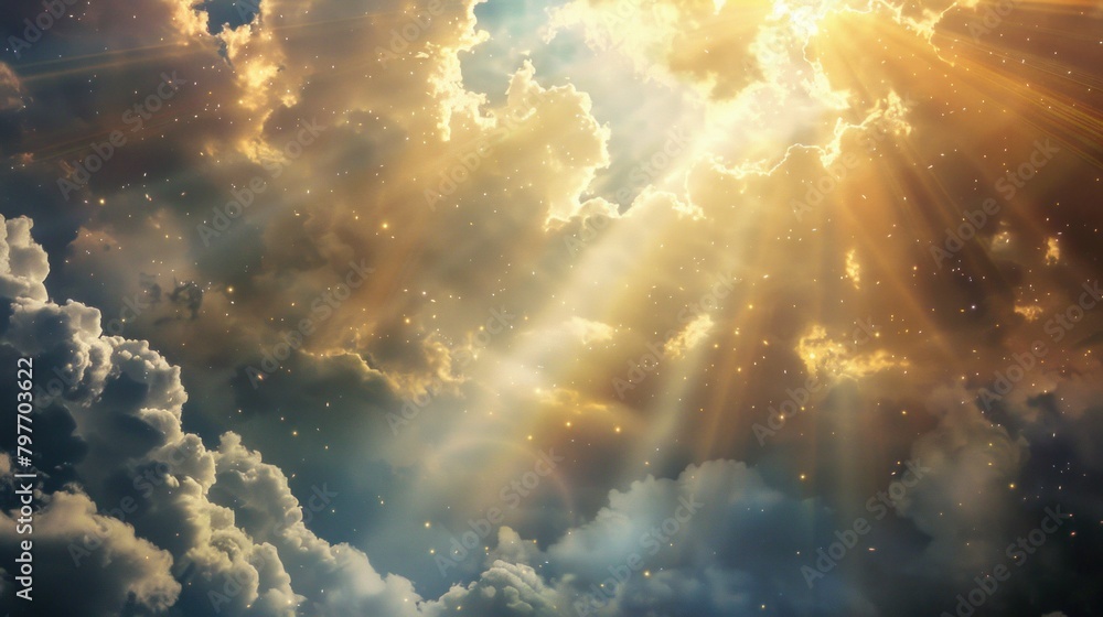 Fototapeta premium Divine Light Beams Shining Down from Heaven Representing God's Presence and Love