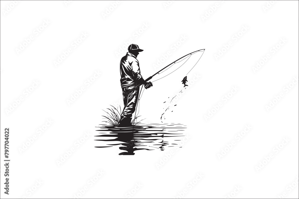 Fishing Silhouette Vector illustration, Silhouette of fishing rod set of fishing silhouette.