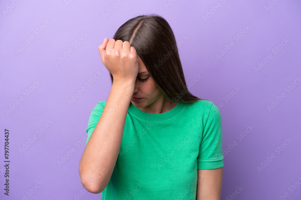 Young caucasian woman isolated on purple background with headache Young caucasian woman isolated on purple background with headache