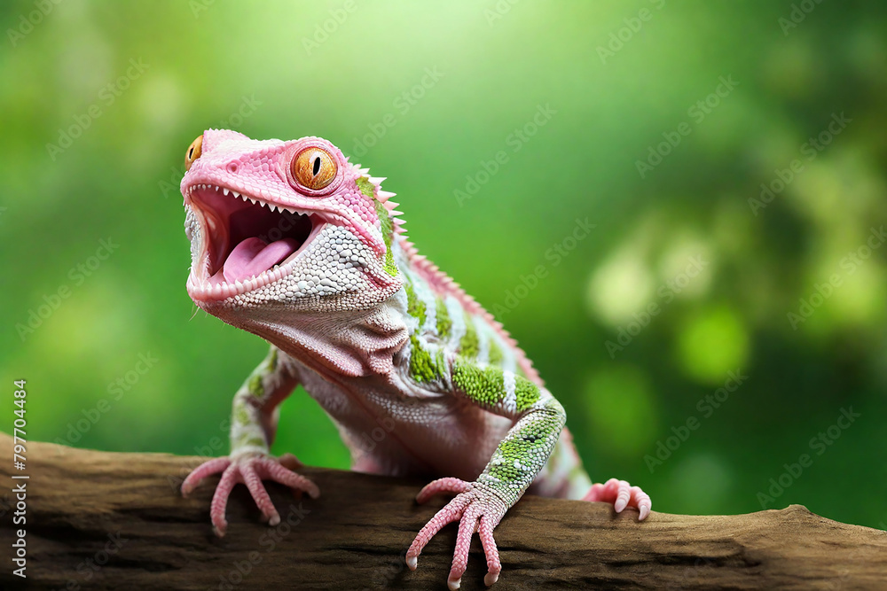 Pink chameleon on a branch with green background, closeup Pink chameleon on a branch with green background, closeup