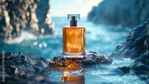 Amber perfume bottle on a rocky shore with shimmering sea and cliff bokeh in the background, reflecting the golden sunlight