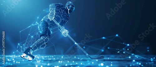 technology in hockey game,  digital blue low poly hockey player with glowing data streams, ai in sports analytics, game strategy optimization algorithms. wireframe player. 