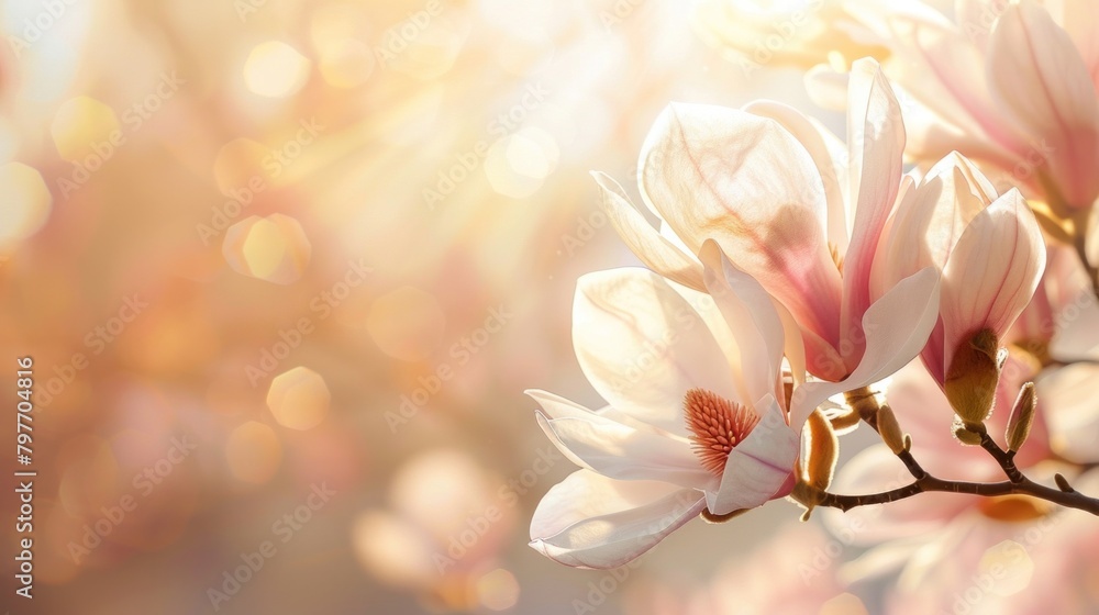 Magnificent Magnolia Blossom in Spring. Ideal floral Easter background with ample copy space.