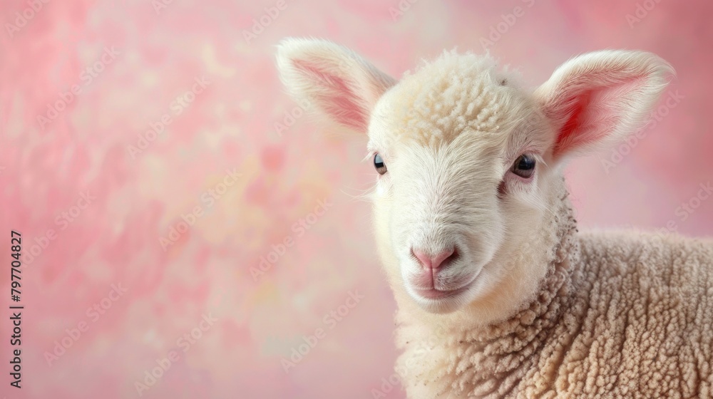 Obraz premium Adorable lamb exuding innocence and charm against pastel pink background.