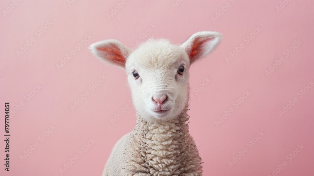 Fototapeta premium Adorable Lamb Posing on Pastel Pink Background