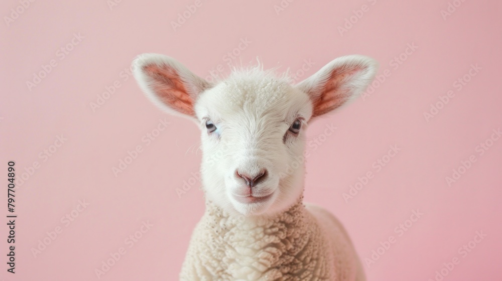 Fototapeta premium Adorable Lamb on Pastel Pink Background