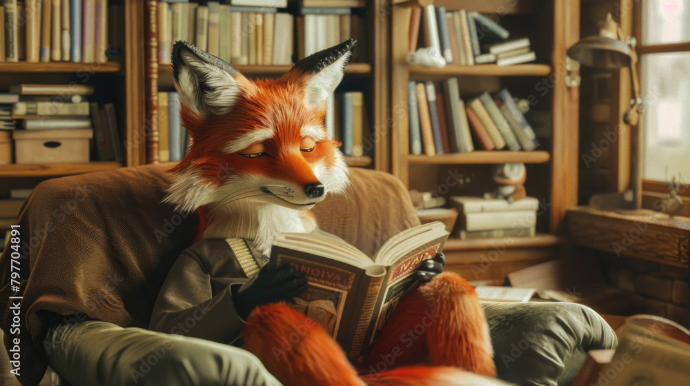 Fototapeta premium A fox is perched on a couch, engrossed in a book its reading