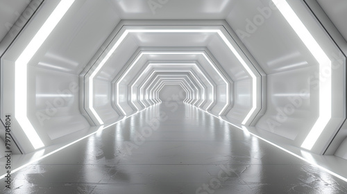 White background 3D room light abstract space technology tunnel stage floor. Empty white future 3D neon background studio futuristic corridor render modern interior silver road black wall design gray