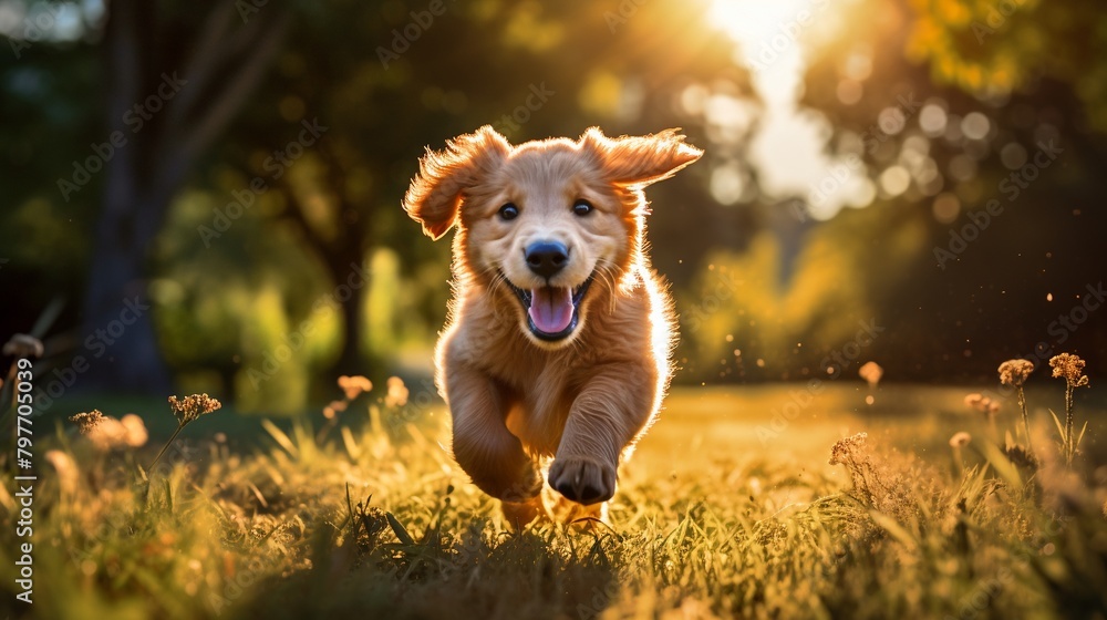 Golden retriever puppy playing in a sunny park, soft focus on vibrant green grass, joyful and carefree pet outdoors scene Golden retriever puppy playing in a sunny park, soft focus on vibrant green grass, joyful and carefree pet outdoors scene