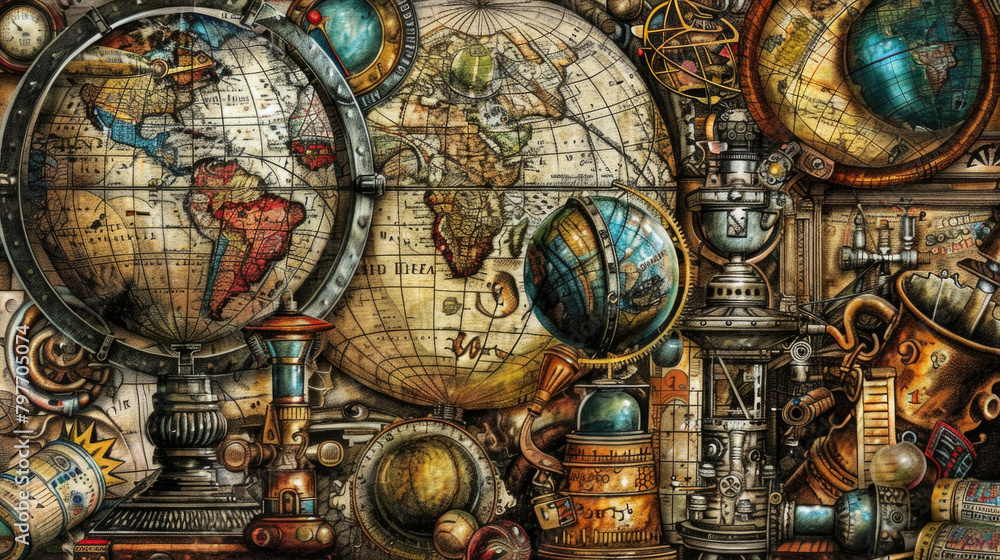 Obraz premium A painting depicting a collection of diverse globes, showcasing different continents, countries, and geographical features in vivid detail