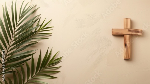 Palm Sunday Background with Wooden Cross and Palm Leaves
