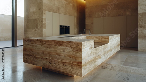 Illustration of modern architecture  kitchen made of natural stone with minimalist style. Unusual color of natural stone. Very expensive.