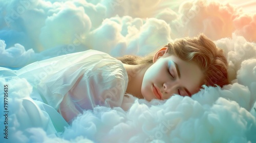 Serene image of a young woman peacefully slumbering on a cloud-like pillow