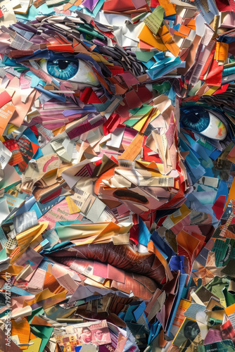 Close up of a face crafted from magazine cutouts, showcasing intricate details and creativity in the art form