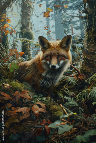 A realistic depiction of a red fox standing amidst a dense forest, surrounded by tall trees with green foliage and dappled sunlight filtering through the leaves