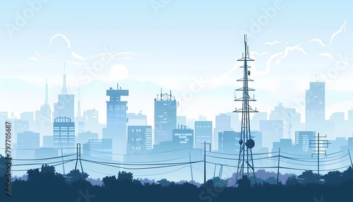 Illustration of silhouette Urban skyline with telecommunications towers and factories at sunrise  concept of modern city infrastructure and network communication