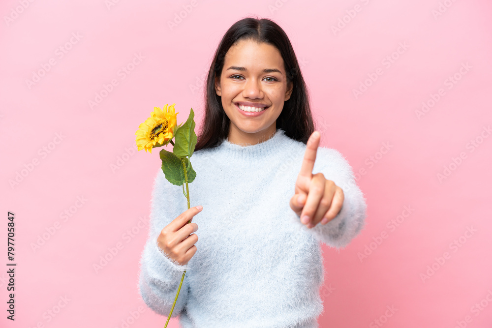 Young Colombian woman holding sunflower isolated on pink background showing and lifting a finger