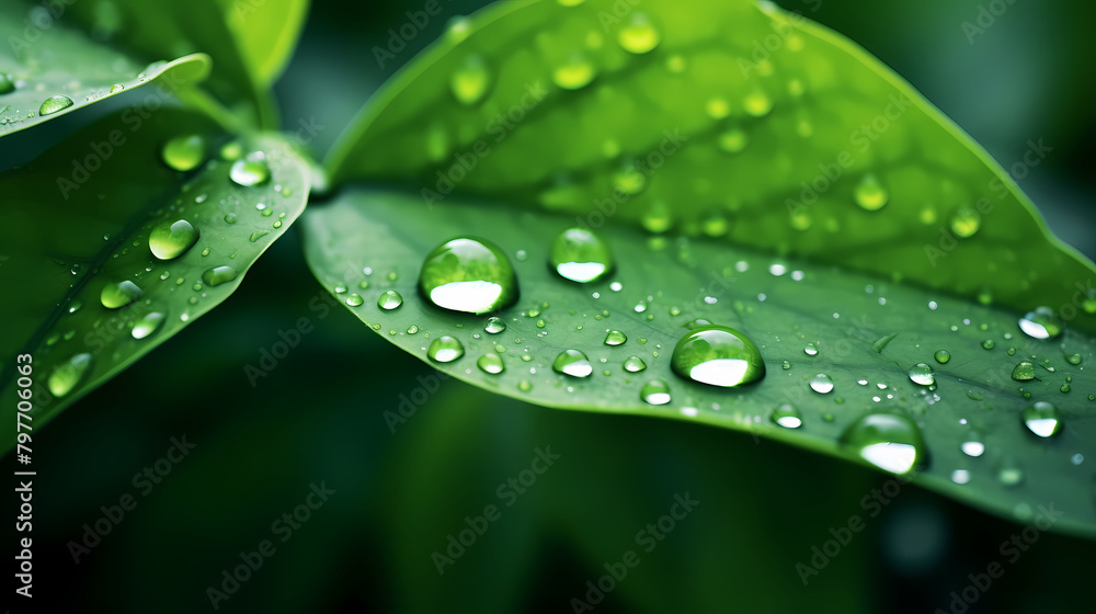Close-up of water droplets on the edge of green leaves Close-up of water droplets on the edge of green leaves