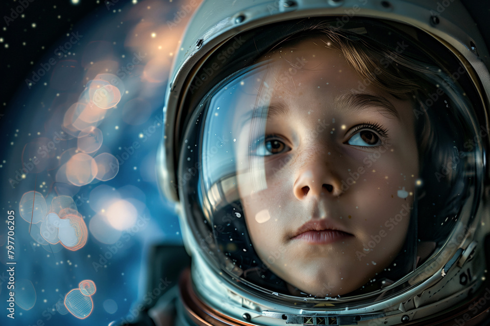Boy walking on the moon with an astronaut suit Boy walking on the moon with an astronaut suit