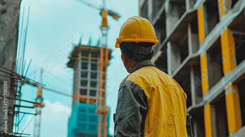 A construction worker wearing a yellow jacket