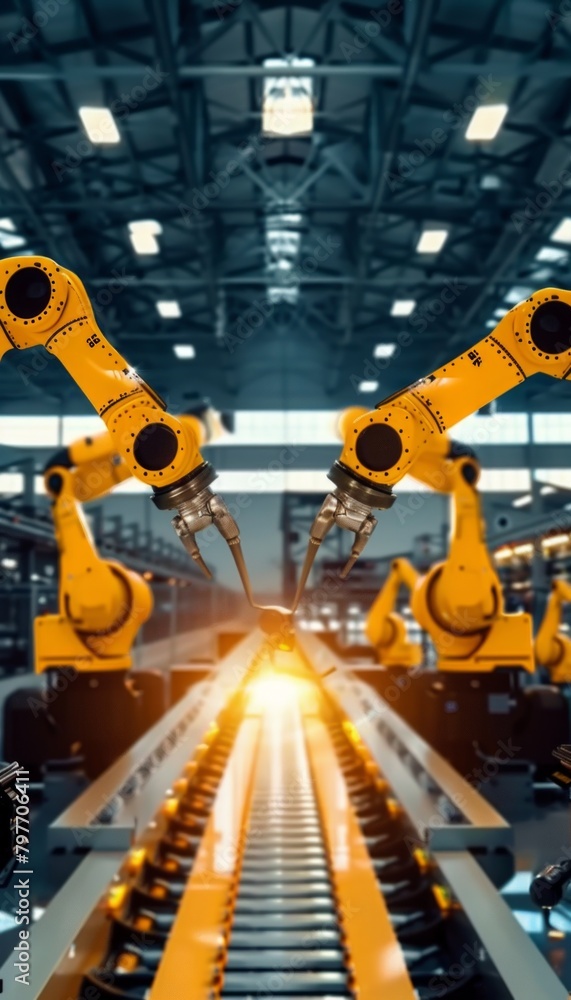 A group of yellow robotic arms working in an industrial factory A group of yellow robotic arms working in an industrial factory