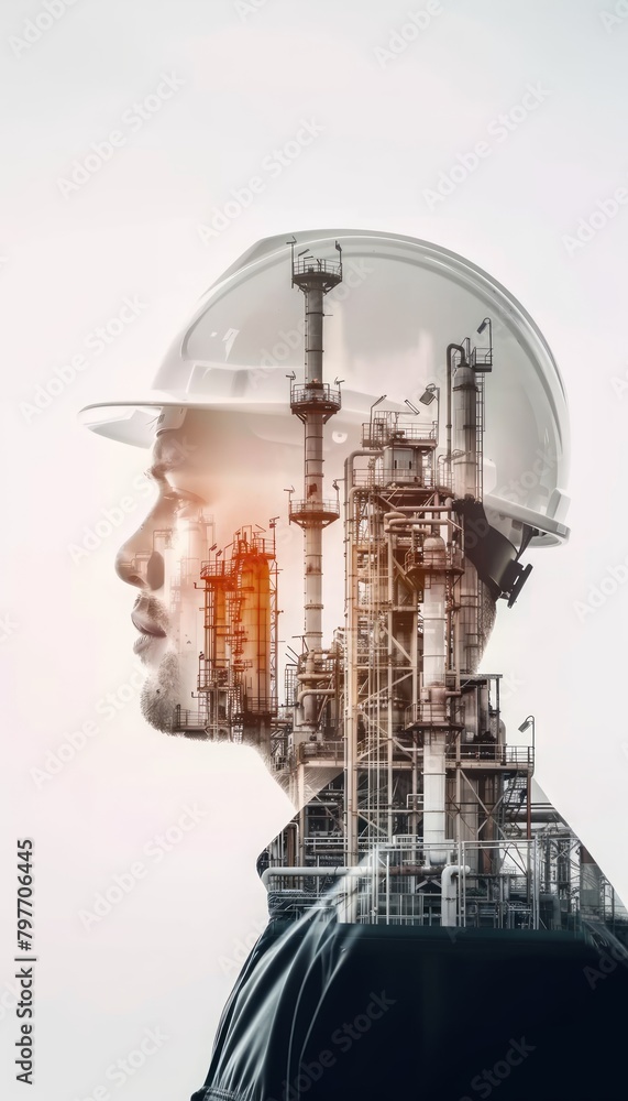 A double exposure of an engineer wearing a helmet and an oil gas factory A double exposure of an engineer wearing a helmet and an oil gas factory