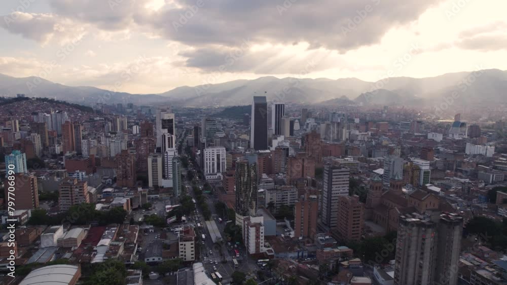 Dusk light over Medellin high-rises, Colombia - aerial fly-over Dusk light over Medellin high-rises, Colombia - aerial fly-over