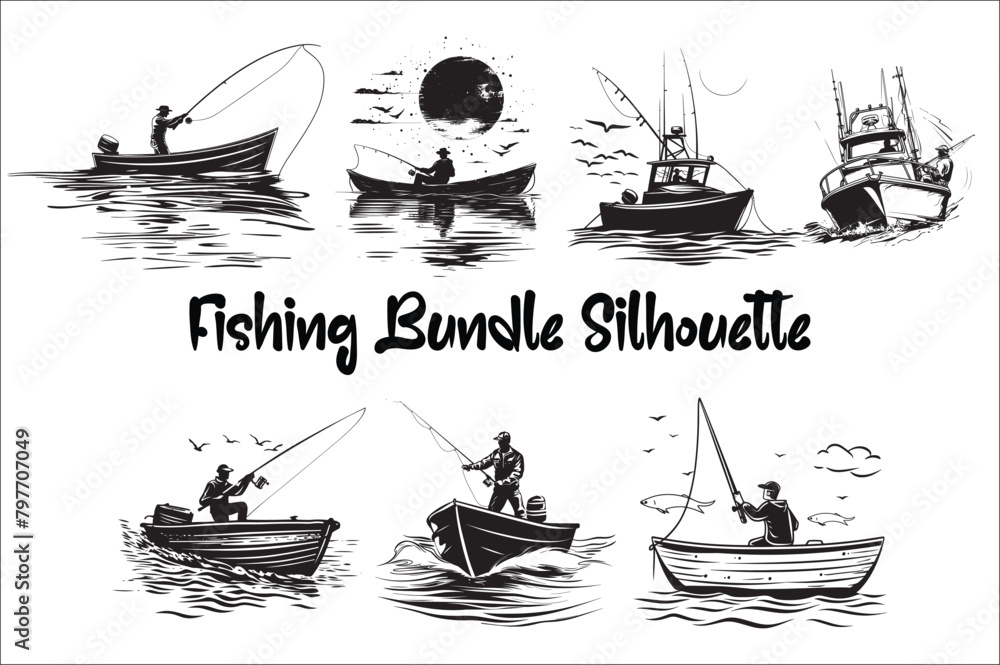 Fishing Silhouette Vector illustration, Silhouette of fishing rod set of fishing silhouette. Fishing Silhouette Vector illustration, Silhouette of fishing rod set of fishing silhouette.