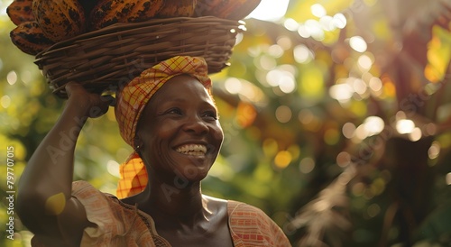 black woman smiling, collecting cocoa beans fresh in the forest, elephants in the background, label, chocolate business card, raw cocoa, Ivory Coast, Africa