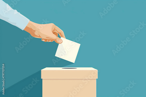Hand putting a ballot paper into a ballot box, elections, poll, election process, vector style art	 photo