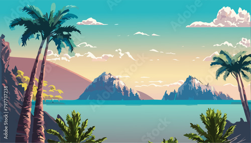 Landscape tropical island and beach with palm trees