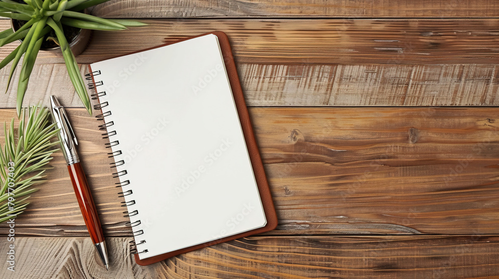 notebook on wooden table notebook on wooden table