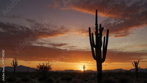 The calming dusk at a desert with cacti silhouetted against a fiery sunset ai_generated