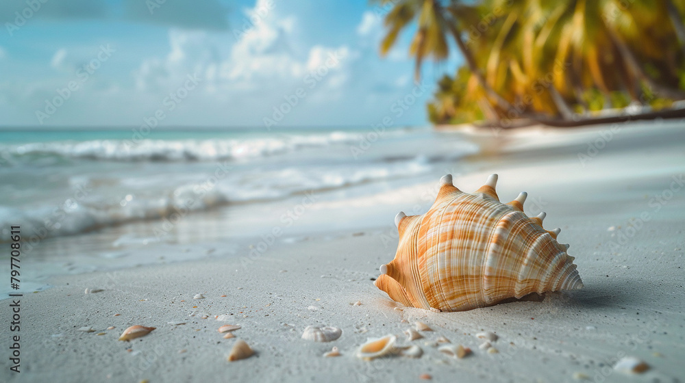 Seashell on beach with palm tree Seashell on beach with palm tree