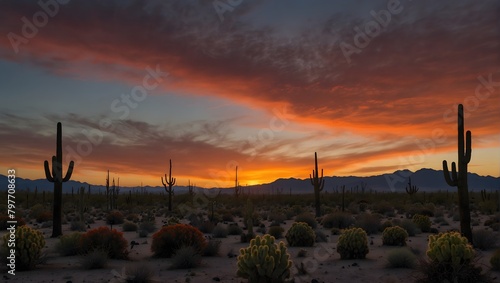 The calming dusk at a desert with cacti silhouetted against a fiery sunset ai_generated