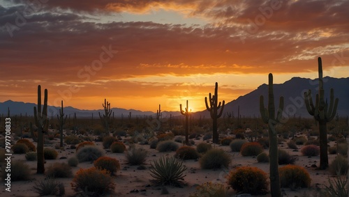 The calming dusk at a desert with cacti silhouetted against a fiery sunset ai_generated