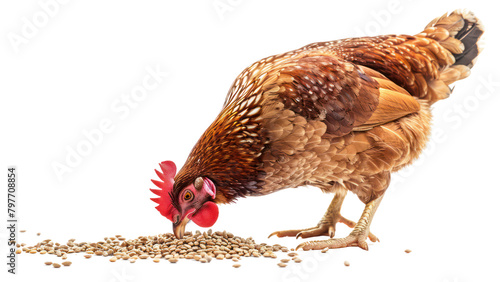 A chicken is eating food on a white background