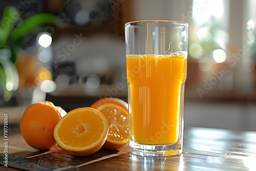 A glass of orange juice, with oranges on the side