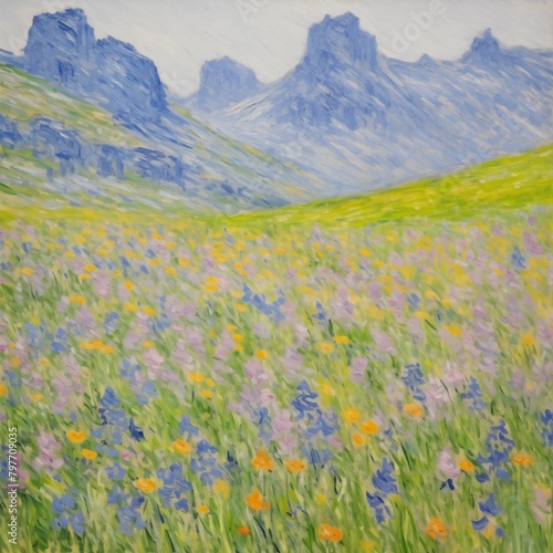 Realistic landscape, calming nature. Impressionism style art. Modern abstract painting. Beautiful mountains and wild flowers field. AI generated, manually adjusted.	