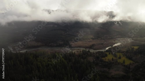 Aerial View Of Hoh River and Surroundings On Cloudy Day, Washington State Olympic Peninsula photo
