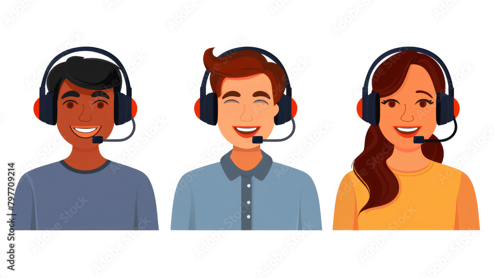 Three people wearing headsets, one of them smiling Three people wearing headsets, one of them smiling