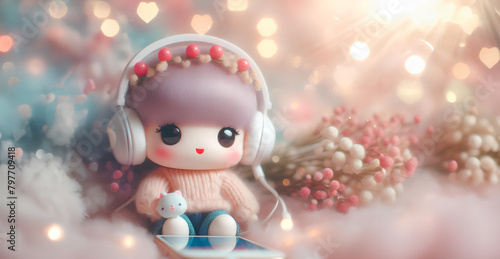 A cute doll sits and listens to music amidst flowers in the bokeh background. copy space