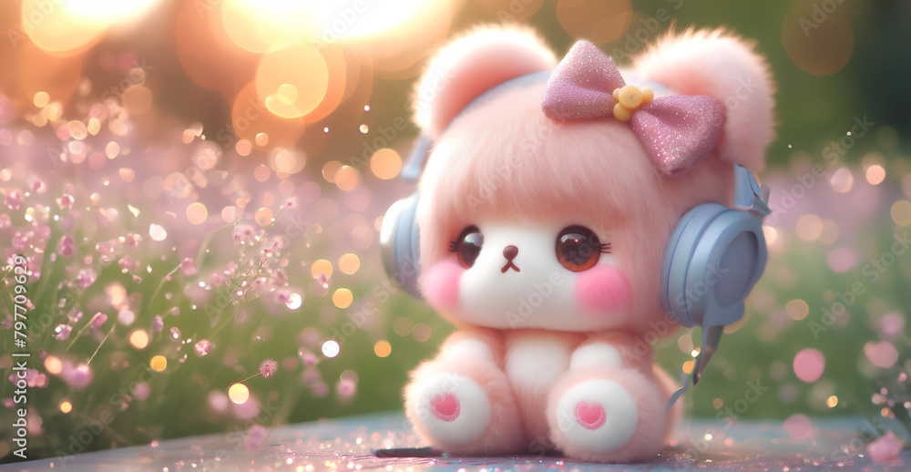 Fototapeta premium A cute doll sits and listens to music amidst flowers in the bokeh background. copy space