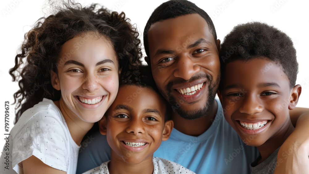 A family of four, two boys and two girls, are smiling and hugging each other A family of four, two boys and two girls, are smiling and hugging each other