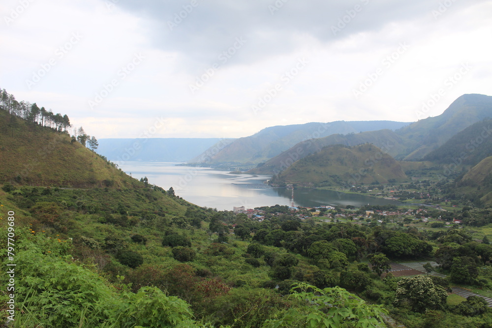 view from the sea on the edge of Lake Toba city. high quality photos