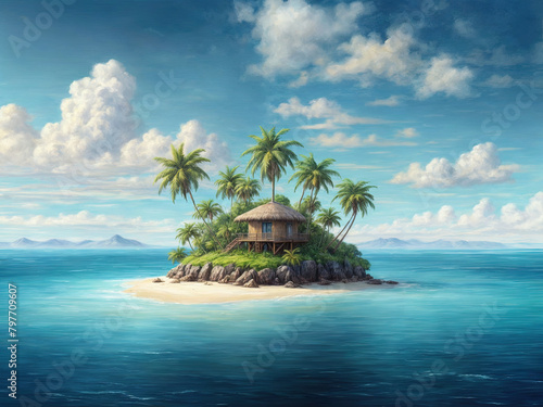 oil painting of small tropical island with palms and hut surrounded sea blue water. Scenery of tiny island in ocean. Concept of vacation, travel, nature, summer