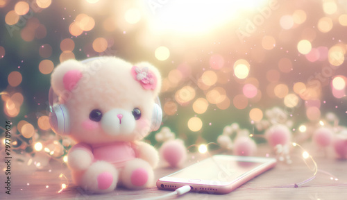 A cute doll sits and listens to music in the bokeh background. copy space photo